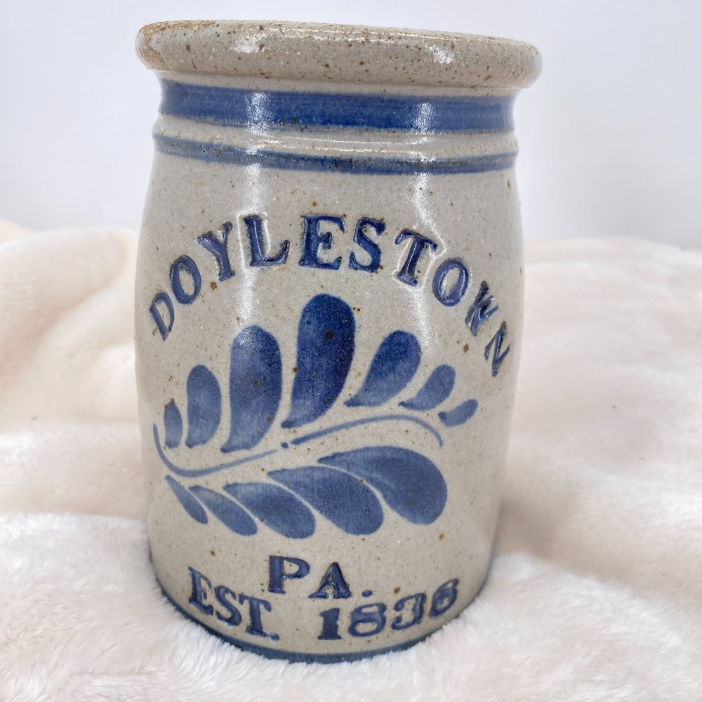 Vtg Signed 6” Tall Salt Glaze Pottery Blue Stoneware Crock Doyleston PA 1838